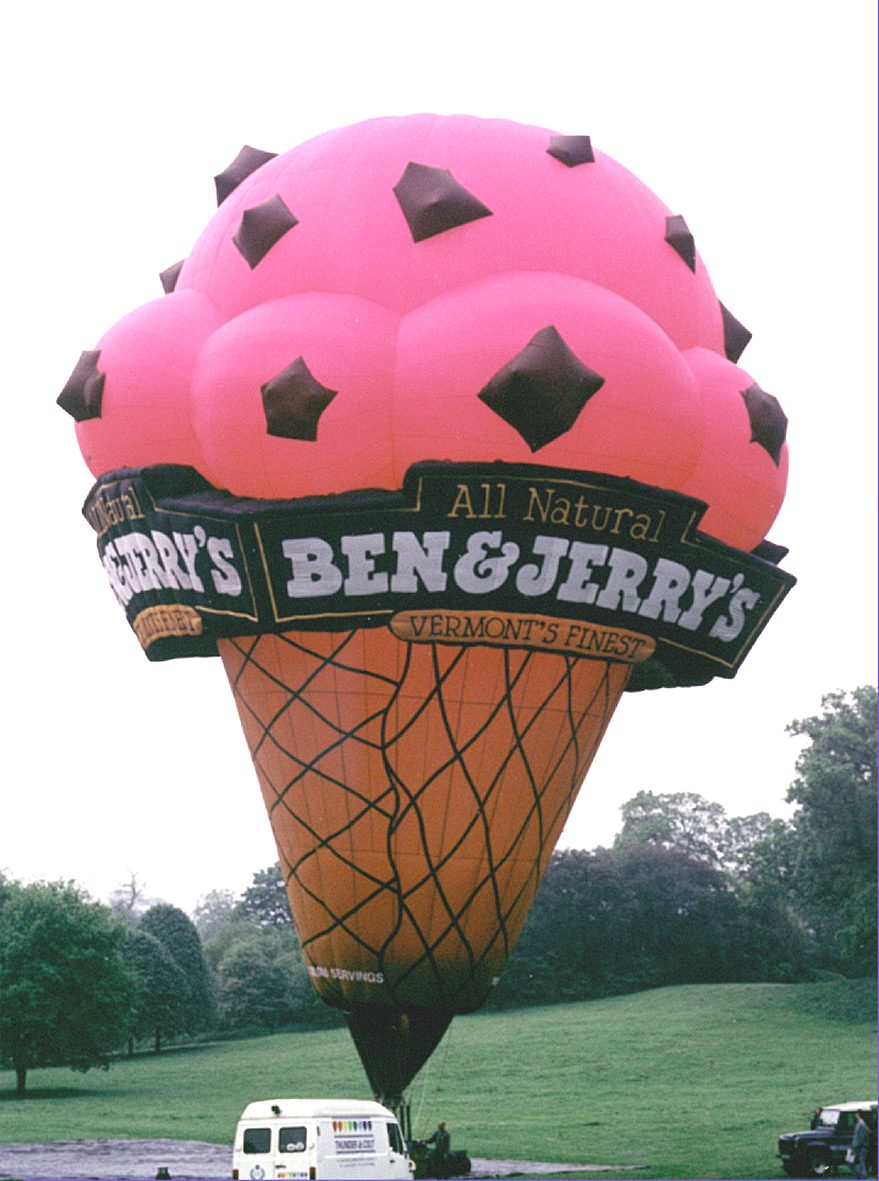 Ben & Jerry's branded Cherry Garcia ice cream cone special shape Cameron hot air balloon on ground