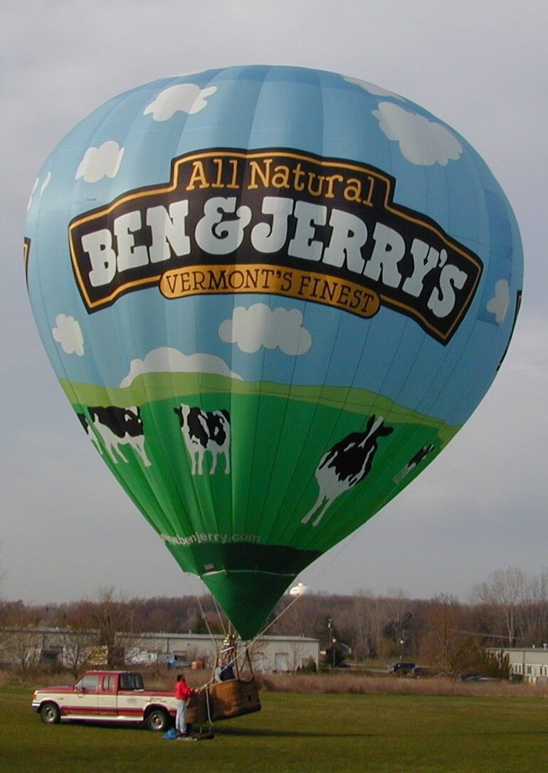 Cameron N-77 hot air balloon with custom Ben & Jerry's branding and artwork