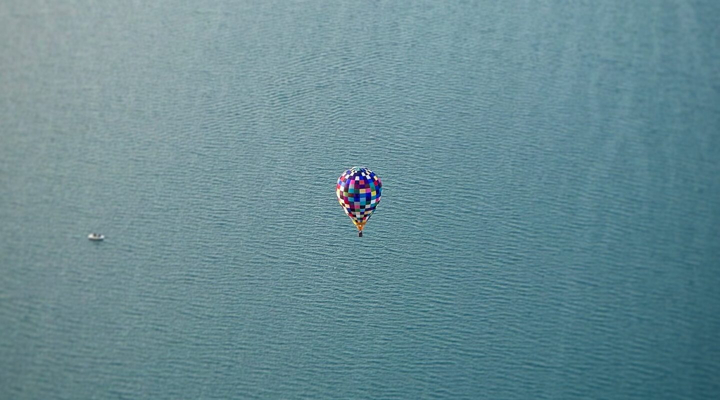 Cameron ZL-70 hot air balloon in flight over open water on Torch Lake