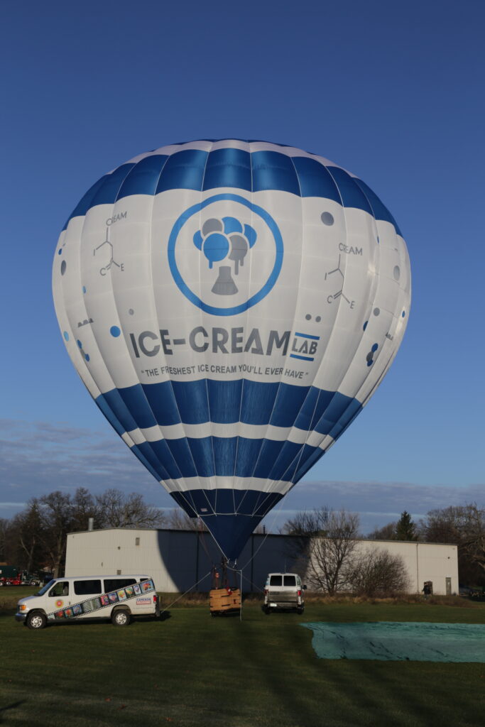 Custom inlayed Ice Cream Lab artwork and logo on a Cameron Z-105 hot air balloon