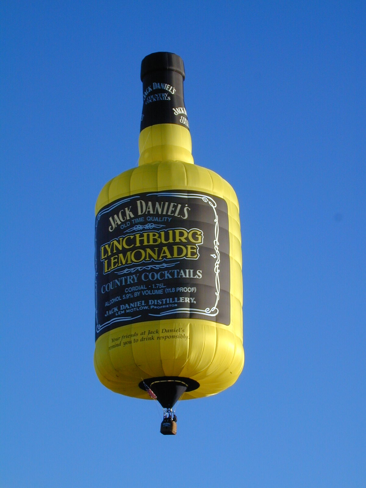 Jack Daniel's Lynchburg Lemonade bottle special shape Cameron hot air balloon in flight over Kentucky