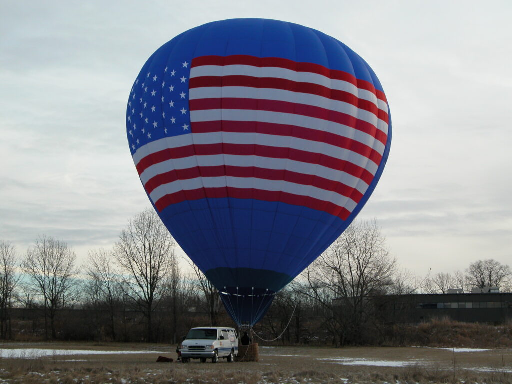 Inlayed United States flag artwork on a Cameron Z-90 hot air balloon