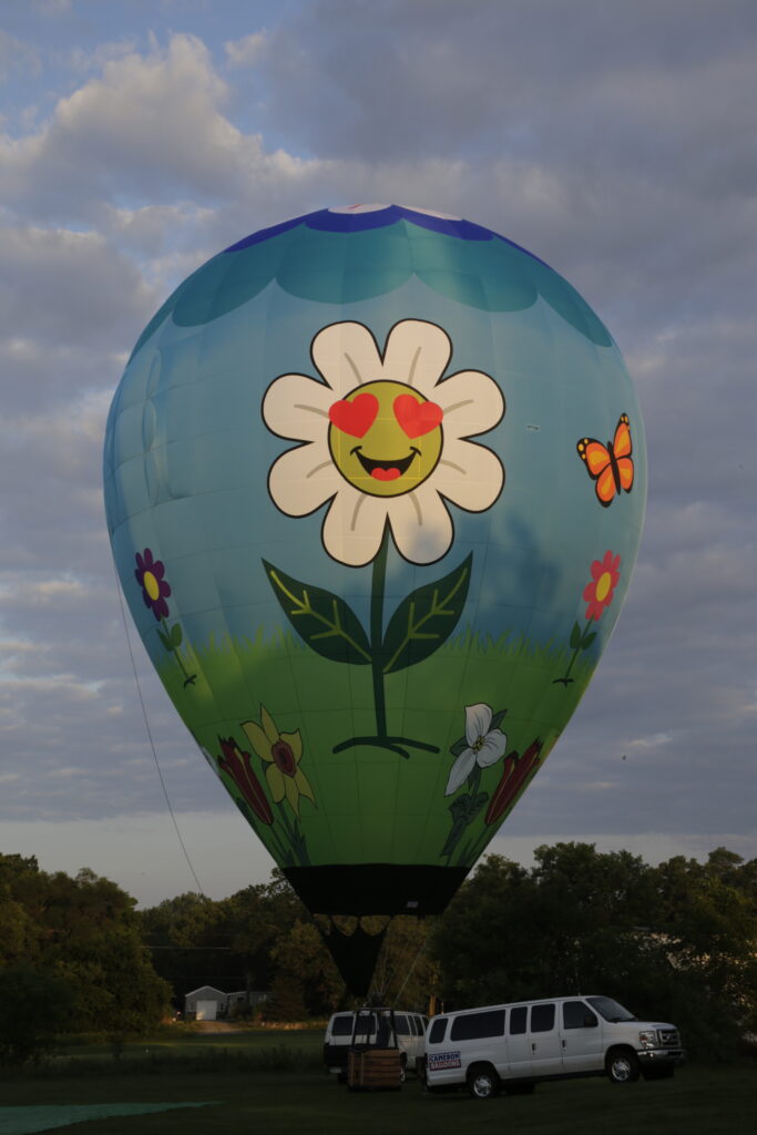 Inlayed daisy and smiley face with heart eyes artwork on a Cameron ZL-77 hot air balloon