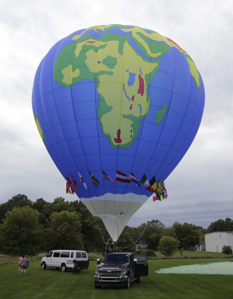 Custom inlayed world map artwork on a Cameron Z-105 hot air balloon