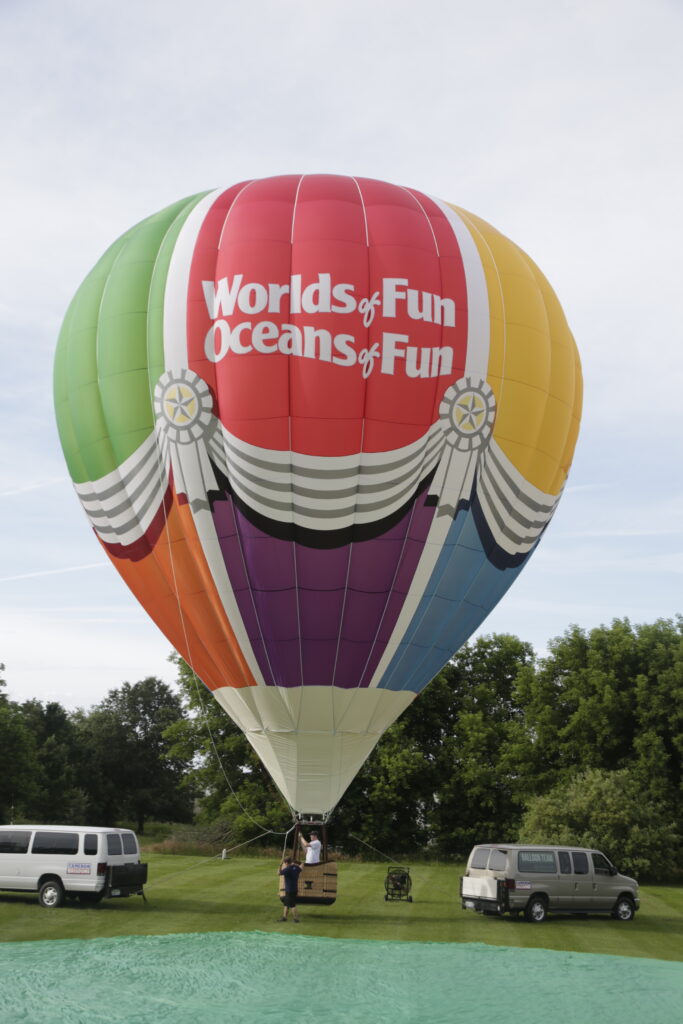 Custom Worlds of Fun & Oceans of Fun inlayed logos and special cut artwork on a Cameron Z-type hot air balloon