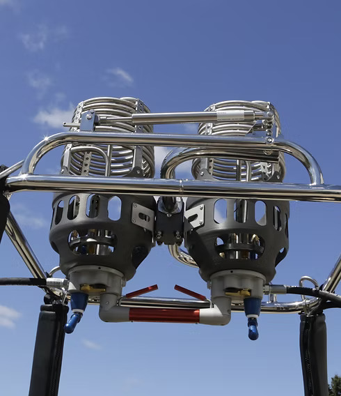 Cameron adjustable burner frame with a set of Cameron Neo hot air balloon burners mounted