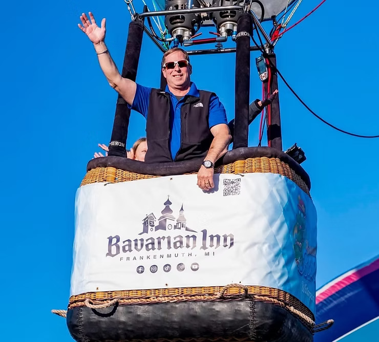 Custom vinyl basket wrap with Bavarian Inn branding on a Cameron 42x52 Aristocrat hot air balloon basket