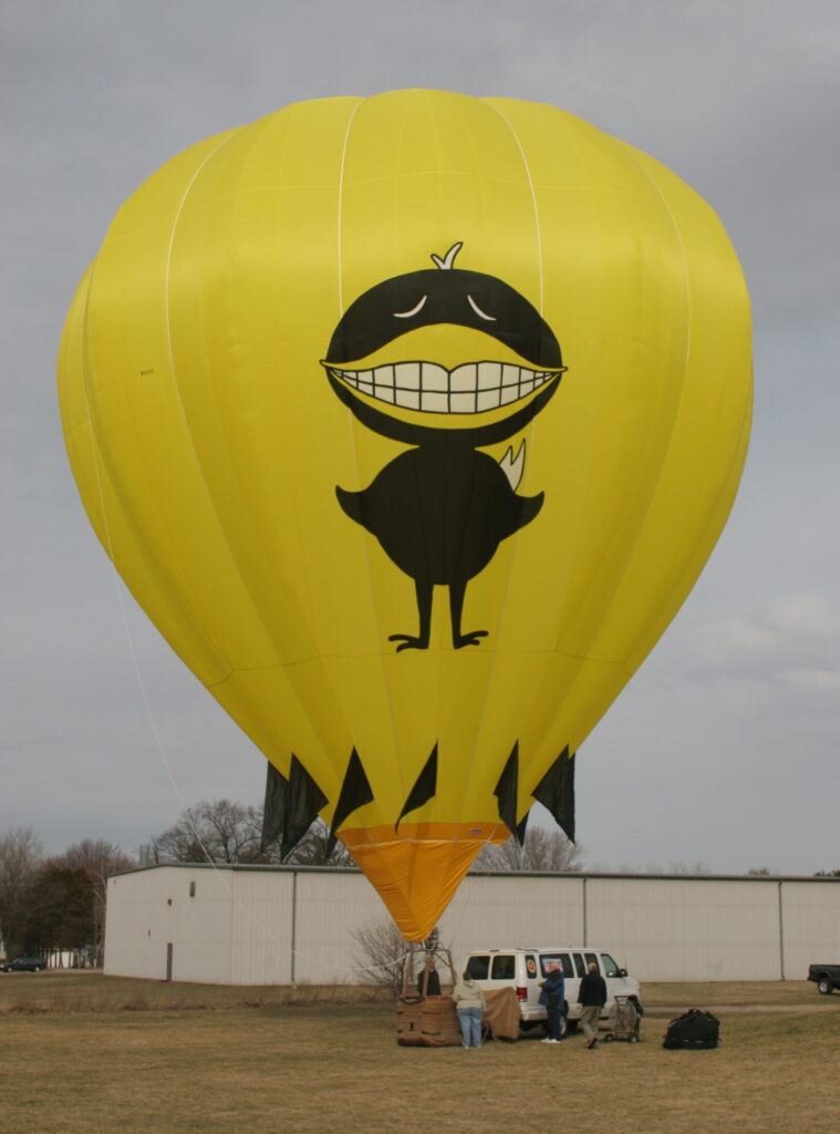 Cameron C-80 hot air balloon with black duck artwork inflated on ground