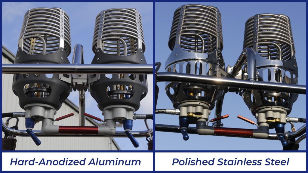 Comparison between hard-anodized aluminum or polished stainless steel cans on a set of Cameron Neo hot air balloon burners