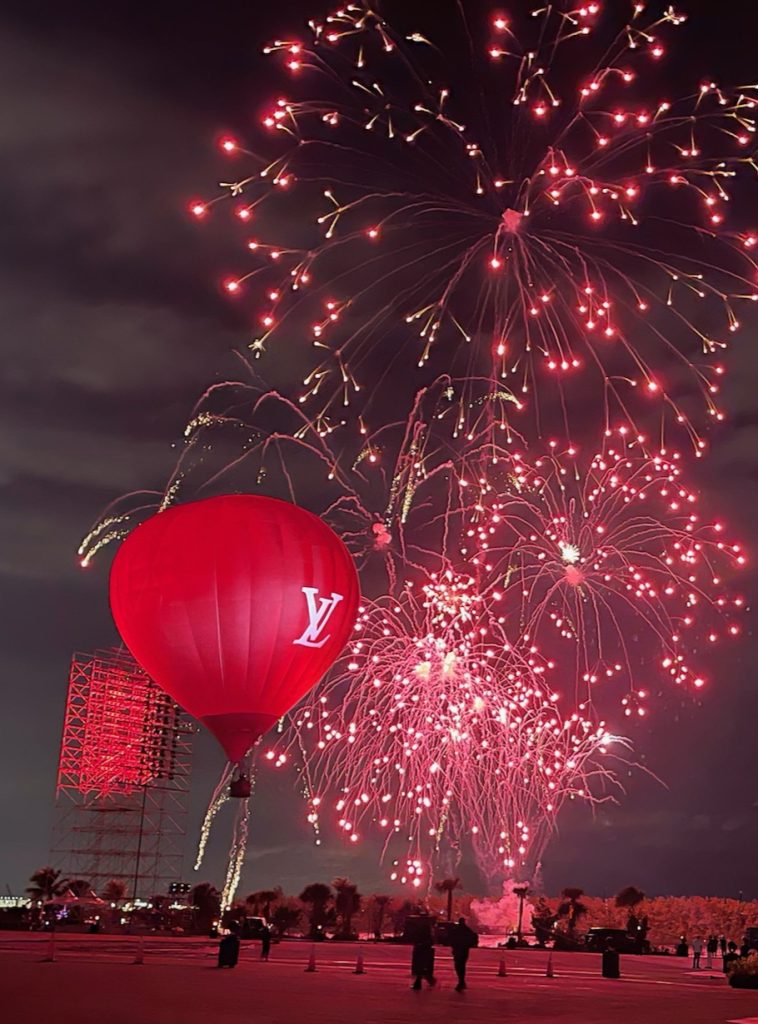 Cameron Z-type hot air balloon with Louis Vuitton Fireworks custom artwork in flight