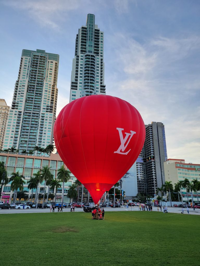 Cameron Z-type hot air balloon with Louis Vuitton Miami custom branding in flight