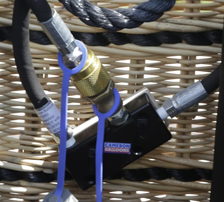 Fuel manifold for hot air balloon tanks with Cameron Balloons branding