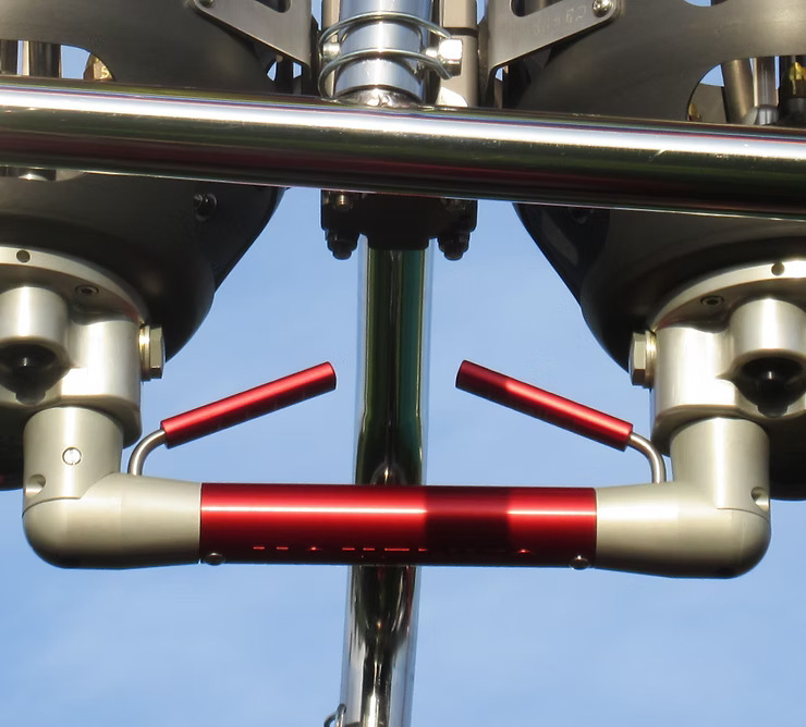 Detailed view of trigger-style blast valves on a set of Cameron Neo hot air balloon burners